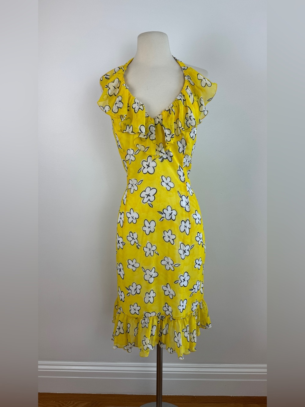 Vintage Escada Yellow Floral Halter Dress Ruffles